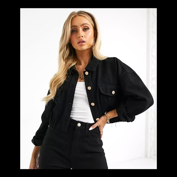 NWOT Missguided Cropped Black Denim Jacket - Picture 1 of 7